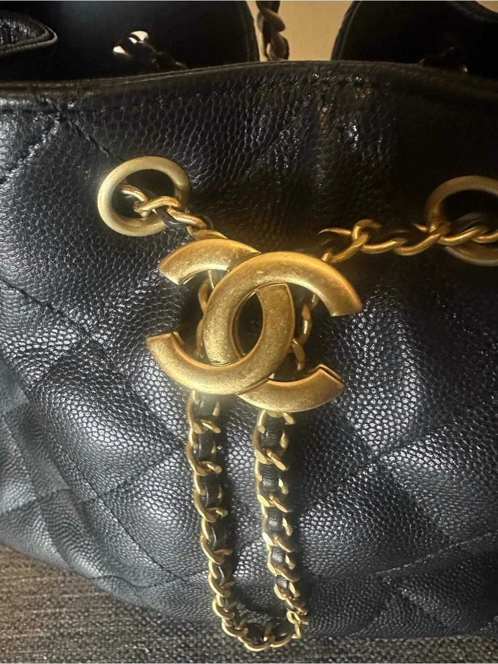 CHANEL 25  Small Black Quilted Drawstring Shoulder Bag with Gold CC Hardware